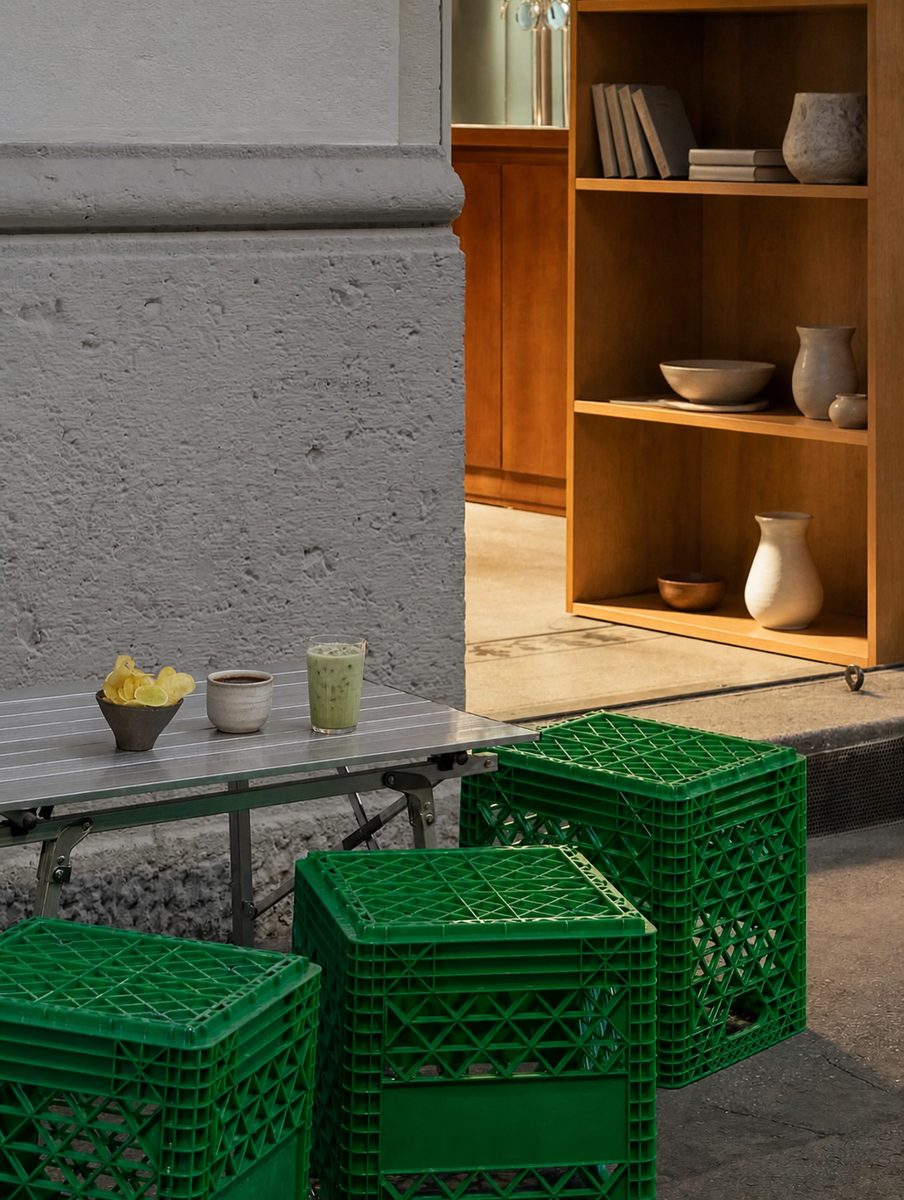 A café bench with coffees